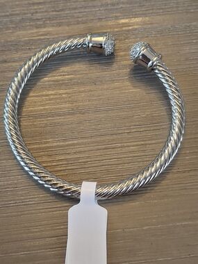 Sterling-Style Silver Cable Cuff Bracelet with Pavé End Caps